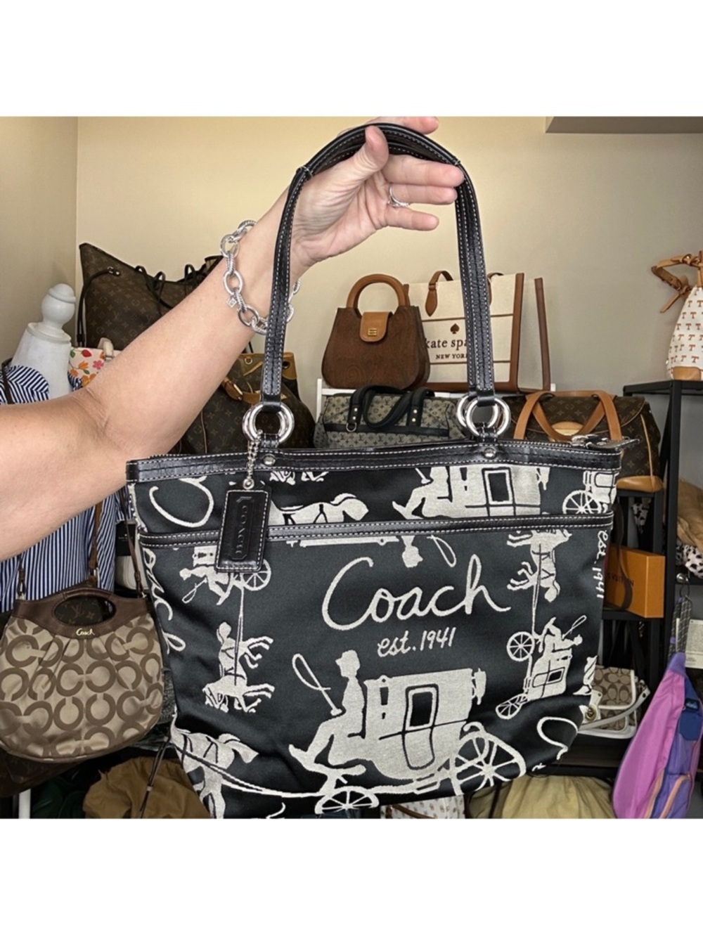 Coach Black and Cream Signature Horse & Carriage Tote with Wristlet, 2 Piece Set - Picture 2 of 14